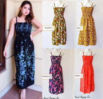 Gambar Dress Kerut Panjang Model Korea Zea Baju Bali Motif Bunga Flower - Random dari Sweet Honey Boutique undefined Tokopedia