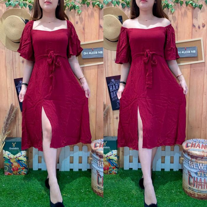 Gambar MIDI DRESS CRINCLE SLIT FLARE 3016 - GHAUDENS FASHION - Maroon dari GHAUDENSFASHION undefined Tokopedia