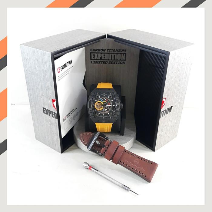 Gambar JAM TANGAN PRIA EXPEDITION 6782 E6782 EXP 6782 AUTOMATIC CARBON TITANIUM POWER RESERVE LIMITED EDITION +  FREE LEATHER STRAP - Kuning dari Watch Mansion undefined Tokopedia