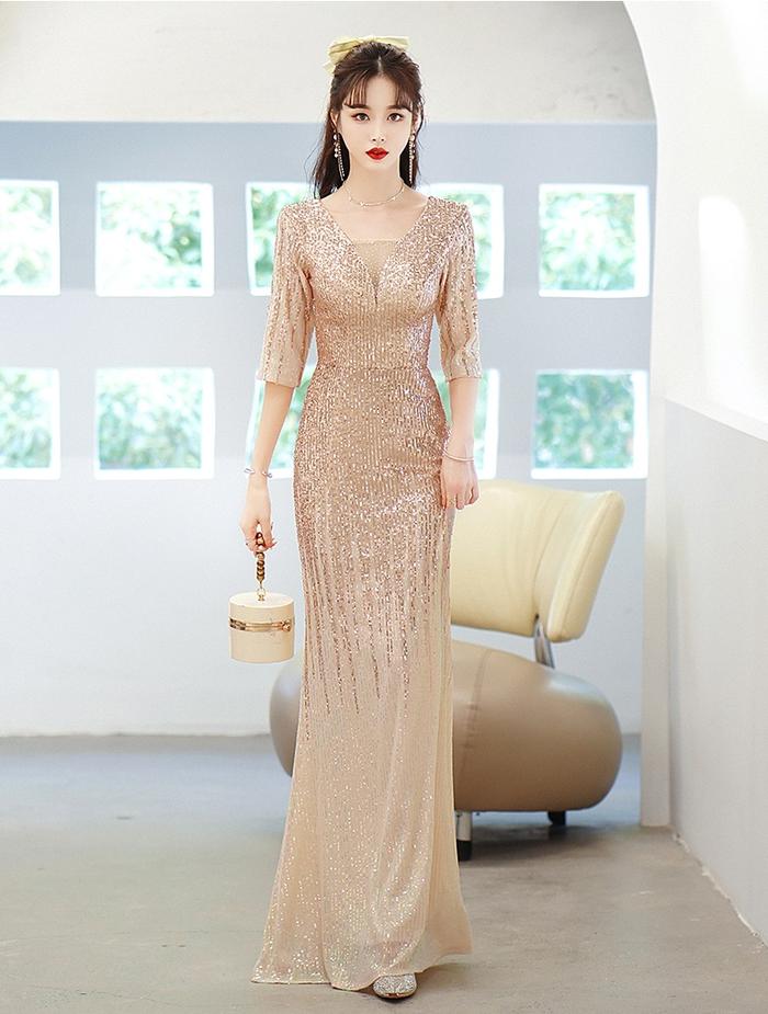 Jual Gaun Pesta 2110026 Beige Gold Lengan Siku V Neck Mermaid Party Dress -  Custom Size - Kota Medan - Christiantungofficial | Tokopedia