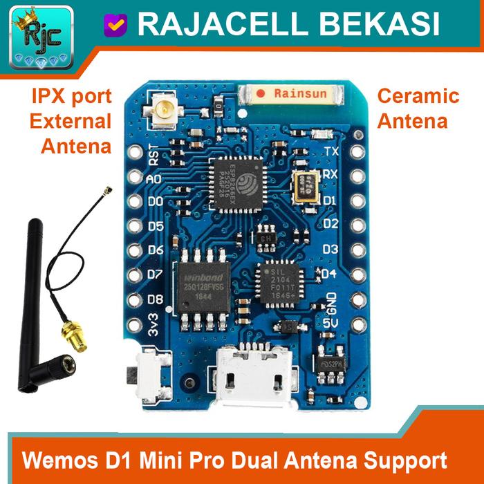 Gambar Wemos D1 Mini PRO-16 + Dual Antena Upgrade Version ESP8266 dari Rajacell Bekasi undefined Tokopedia