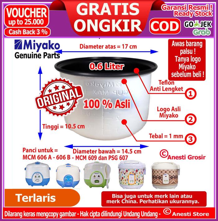 Gambar PANCI RICE COOKER MAGIC COM MIYAKO 0.6 L 1.0 L 1.2 L 1.8 L 6 L Teflon - Panci 0.6 L dari Anesti Store undefined Tokopedia