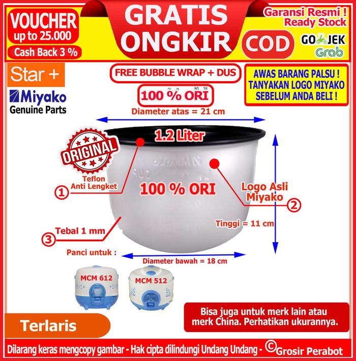 Gambar PANCI RICE COOKER MAGIC COM MIYAKO 0.6 L 1.0 L 1.2 L 1.8 L 6 L Teflon - Panci 1.2 L dari Anesti Store undefined Tokopedia
