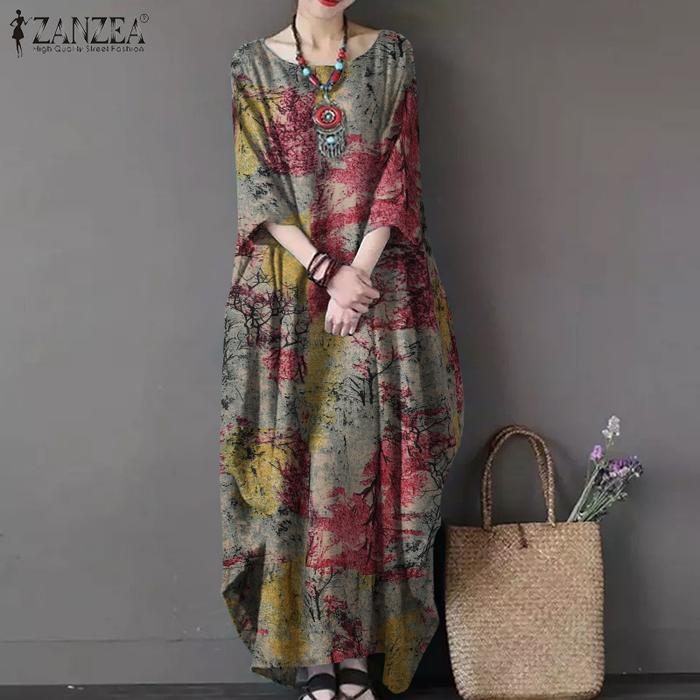 Gambar ZANZEA Muslim Wanita Ayunan Berjenjang A-Line Panjang Maxi Dress - Kuning, L dari ZANZEA Official undefined Tokopedia