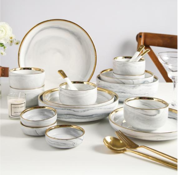 Gambar Grey Marble Dining Set 9 Pcs / Set Piring Mangkok Alat Makan Keramik dari Eraque undefined Tokopedia