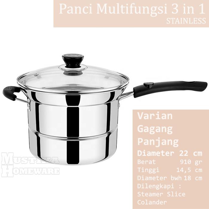 Gambar Panci Multifungsi 3in1 22cm Tutup Kaca Stainless Soup Pot Steamer 3 L - Gagang Panjang dari MUSTIKA HOMEWARES undefined Tokopedia