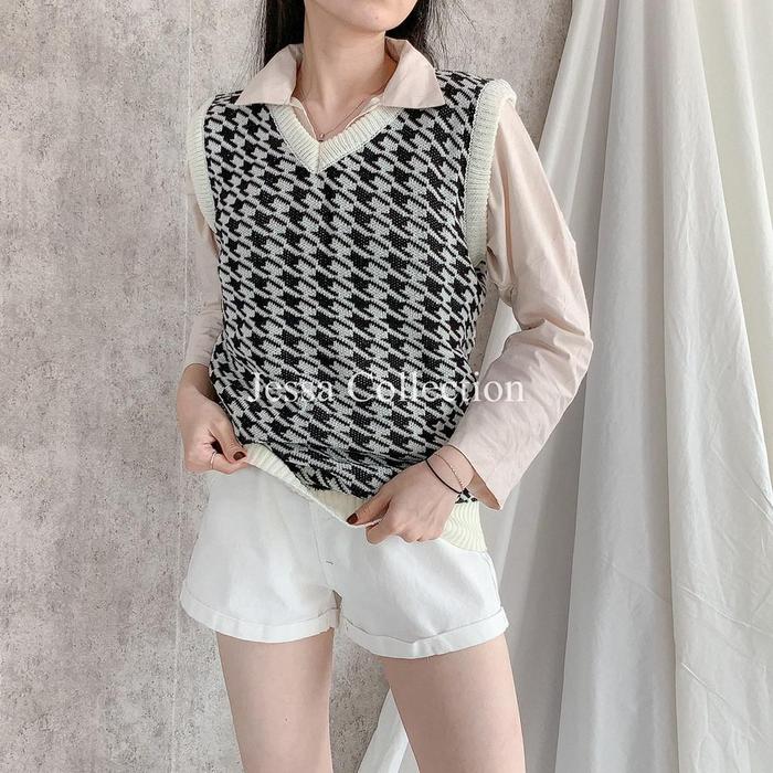 Styling Dogtooth Sweater Vest JENNIE VEST KNIT HOUNDSTOOTH VEST