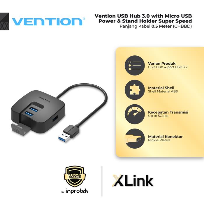 Gambar Vention USB Hub 3.0 with Micro USB Power & Stand Holder Super Speed - 0.5 Meter dari XLink Jakarta undefined Tokopedia