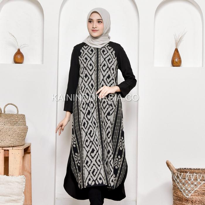 Gambar KI Kemeja Loose Panjang Tunik Dress Dayana Jumbo Tenun Lea Pink Hitam - Hitam, 4 dari KainIndonesiaco undefined Tokopedia