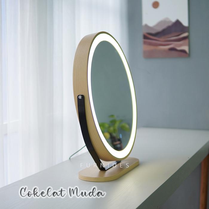 Gambar Cermin Rias Bulat | Make Up Duduk Lampu LED Diemeter 50 cm - Cokelat Muda dari FURNIDES undefined Tokopedia