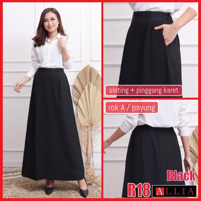 Gambar Rok kerja wanita panjang / ALLIA R18 Black M-7L / Rok payung jumbo - R18-BLACK, S dari Midoet Clothing undefined Tokopedia