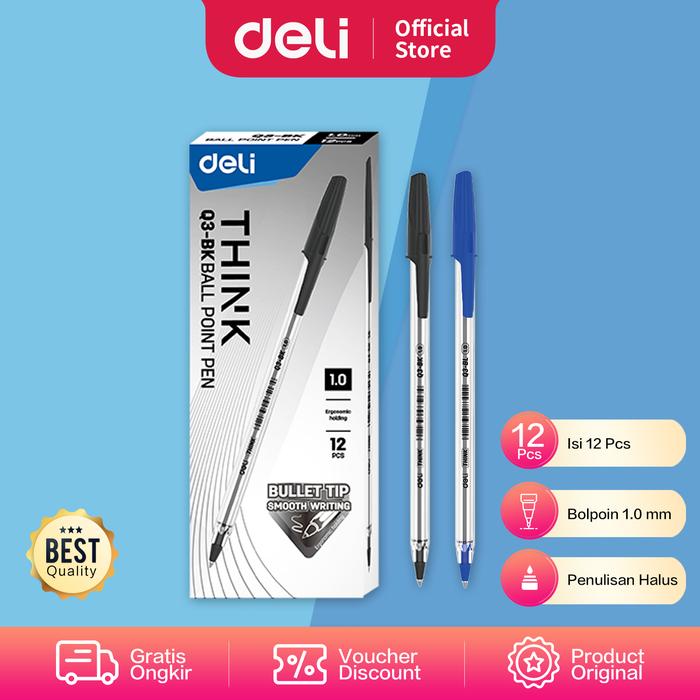 Gambar Deli Ballpoint Pen / Pulpen Bolpoin 1mm Isi 12pcs Penulisan Halus EQ3 - Hitam dari Deli Stationery Indonesia undefined Tokopedia