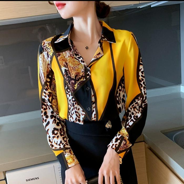 Gambar Kemeja Top Shirt Shanie Import Baju Atasan Motif Kerja Korea Terbaru - Kuning, L dari Dewi Id undefined Tokopedia