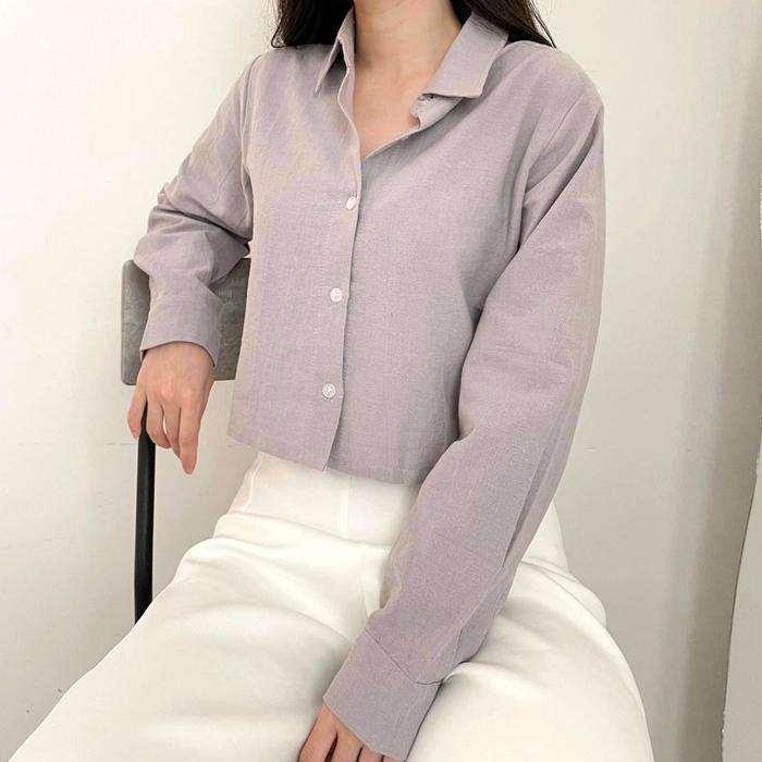 Gambar Kemeja Crop Linen Lengan Panjang | Outer Crop Linen - Atasan Wanita993 - Lilac dari Lotusclothing_NEW undefined Tokopedia