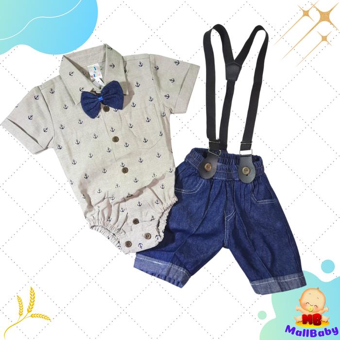 Gambar Setelan Baju Bayi Laki Laki 0 3 6 12 Bulan Jumper Sspender Dasi AUSTIN - Cream dari Mall-Baby undefined Tokopedia