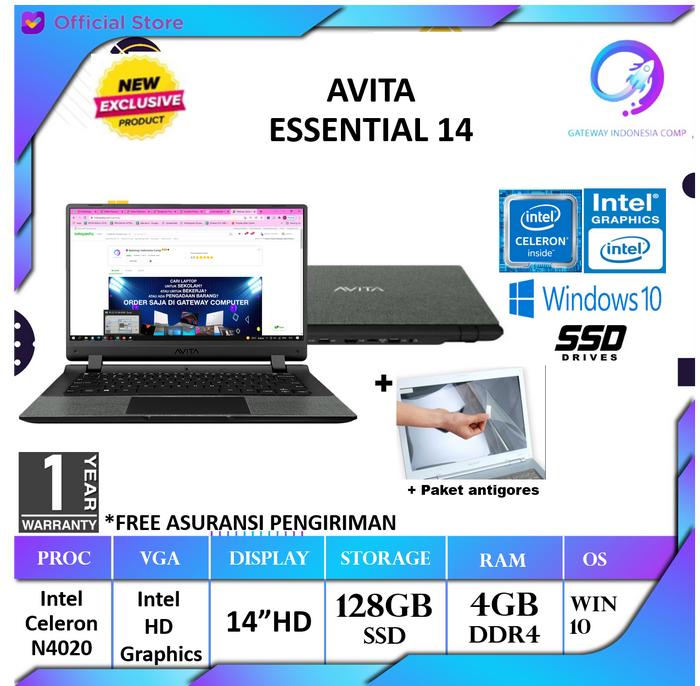 Gambar AVITA Essential 14 Celeron N4020 4GB RAM 128GB SSD Windows 10 - Black dari Gateway Indonesia Comp undefined Tokopedia