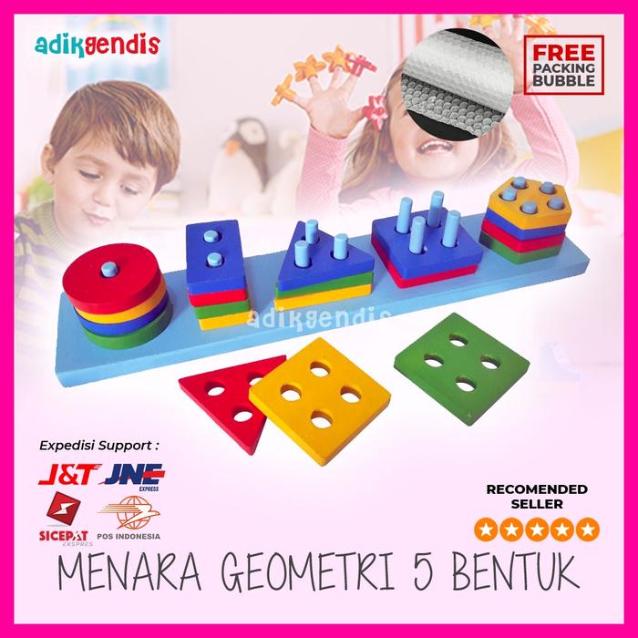 Gambar Menara geometri 5 bentuk Mainan Edukasi Edukatif Kayu Balok Puzzle - Biru dari Adik Gendis Edutoys undefined Tokopedia