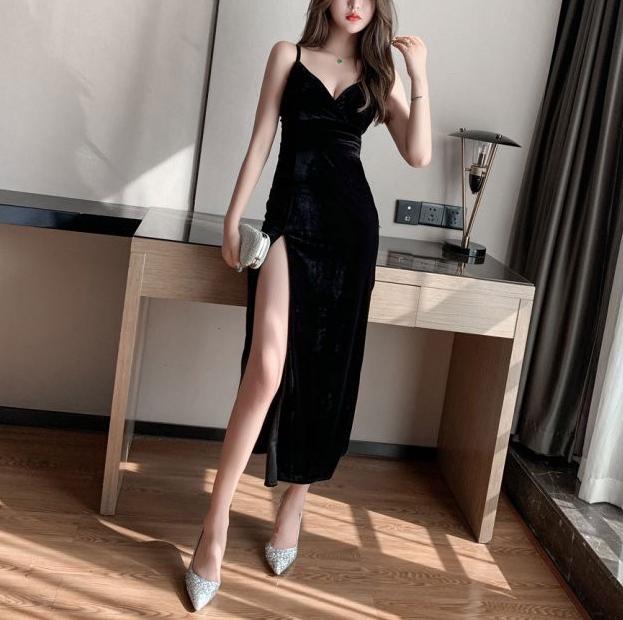 elegant black prom dresses Black Bridesmaid Dresses Elegant V-Neck A Line Slit Stretch Satin Long Bridesmaid Dress