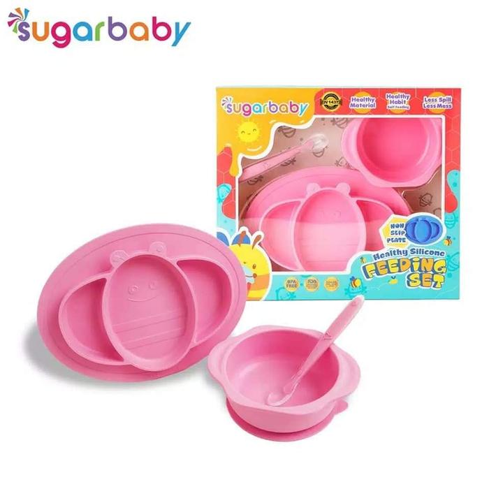 Gambar Sugar Baby Healthy Silicone Feeding Set - Mangkok + Piring + Sendok - pink dari Afiqah Babyshop undefined Tokopedia