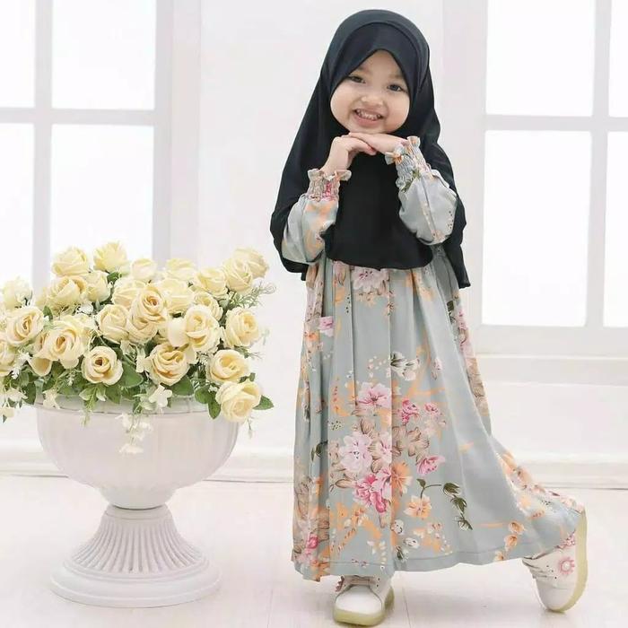 Gambar Ara Kids Syari | Baju Gamis Anak Perempuan Motif Bunga | Homey Dress - Abu-abu dari @Rose Store undefined Tokopedia