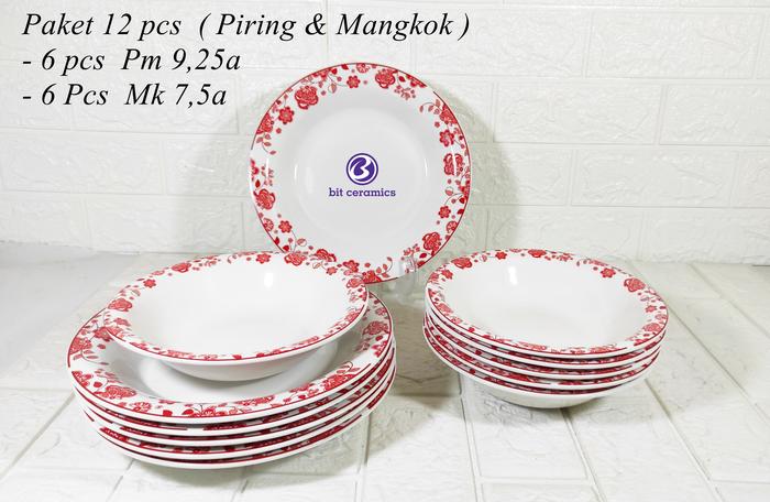 Gambar Piring dan Mangkok set motif bunga 12 pcs. - Merah dari BiteraShop undefined Tokopedia