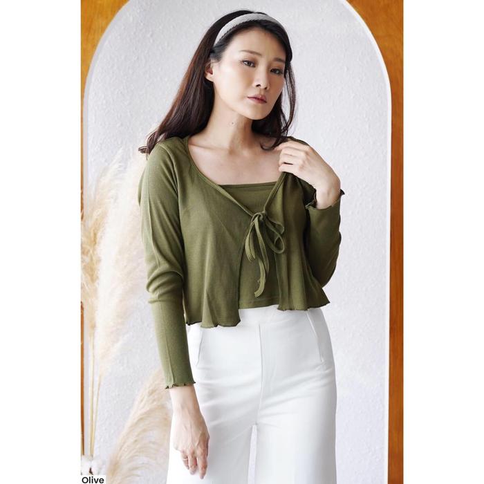 Gambar Blouse Wanita SET TIE FRONT RIB KNIT CARDIGAN + tank top atasan cewek - Olive, L dari inovashion undefined Tokopedia