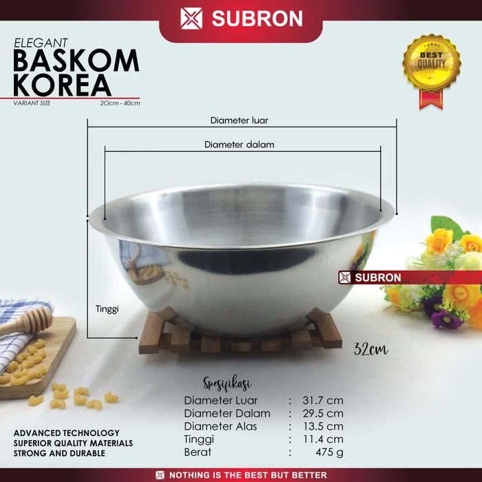 Gambar SUBRON Baskom Korea 30cm 32cm Wadah Stainless Steel Tebal Multifungsi - 32cm dari SUBRON KITCHENWARE Kab. Bandung Tokopedia