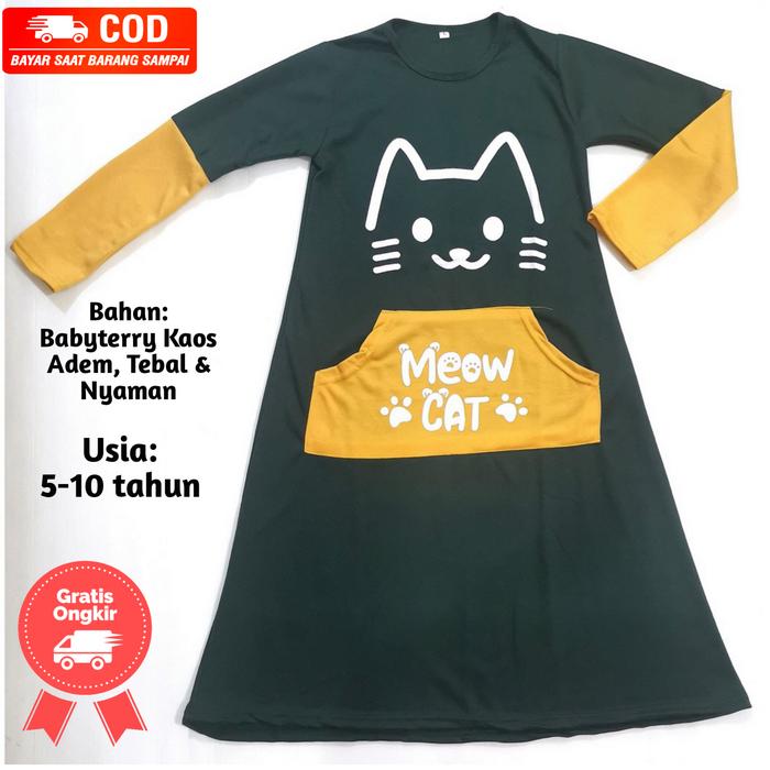 Gambar BAJU ANAK PEREMPUAN GAMIS ANAK KANTONG GAMBAR MEOW CAT USIA 5-10 TAHUN - Hijau, L: 5-6 Tahun dari Pondokgede Fashion undefined Tokopedia