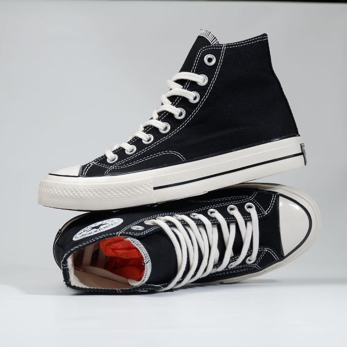 SEPATU CONVERSE 70 HIGH BLACK WHITE SNEAKERS PRIA WANITA CASUAL CHUCK  Hitam, 37
