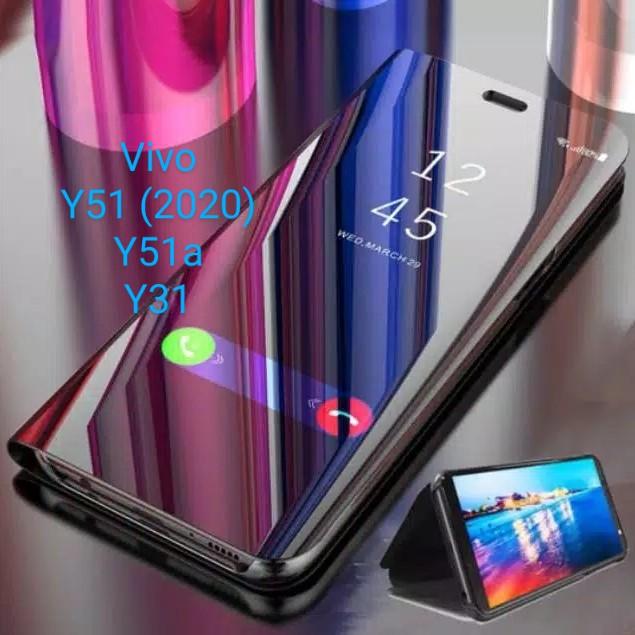 Vivo Y31 Y51 Y51a Clear View Flip Cover Miror kaca Case casing Standin  silver, Y51a