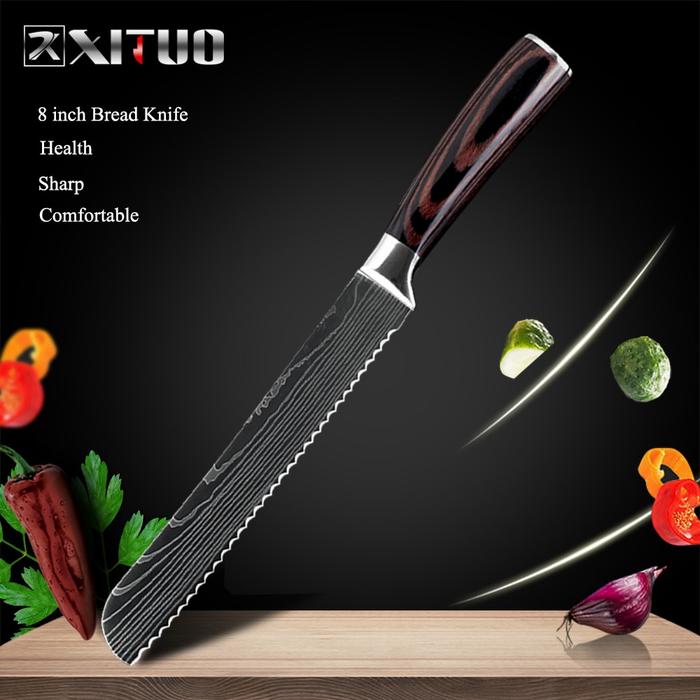 Gambar Pisau Dapur Santoku Serbaguna Motif Damascus Chef Knife Gagang Kayu - Pisau Gerigi dari Gadget Therapy undefined Tokopedia