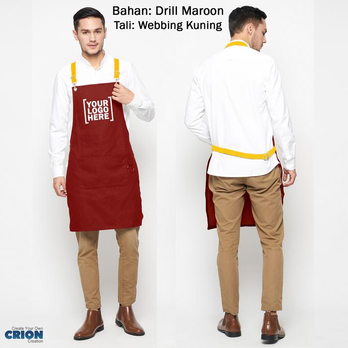 Gambar Celemek Apron Barista / Barber / Chef fully customize logo by Crion - Drill Maroon, Webbing Merah dari Crion undefined Tokopedia