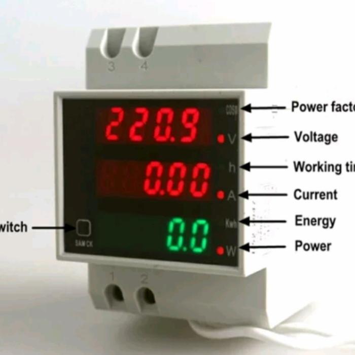 Din Rail Watt Meter LED Volt Current Meter Active Power Factor 220VAC
