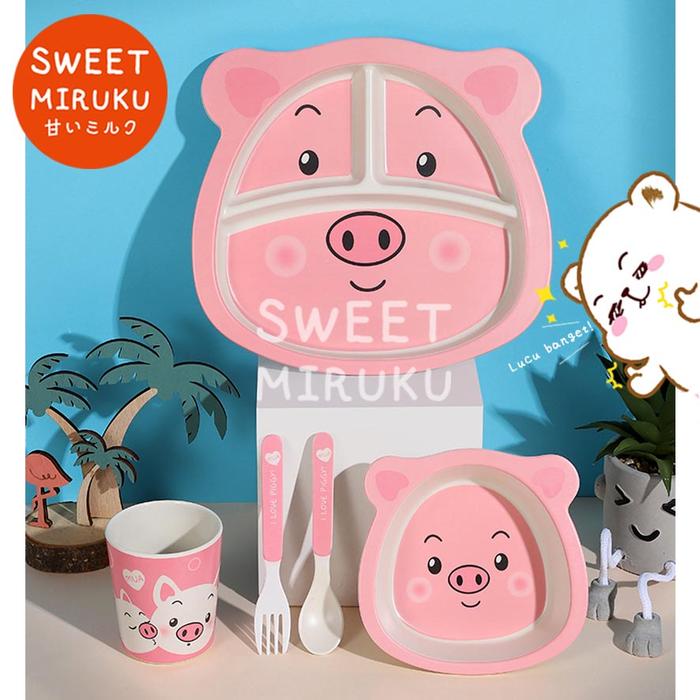 Gambar NEW MODEL ALAT MAKAN ANAK PIG BAMBOO FIBER KIDS FEEDING SET dari Sweet Miruku undefined Tokopedia