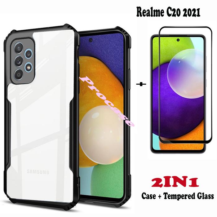 Jual Realme C20 2021 Case Hybrid Shockproof Tempered Glass Full