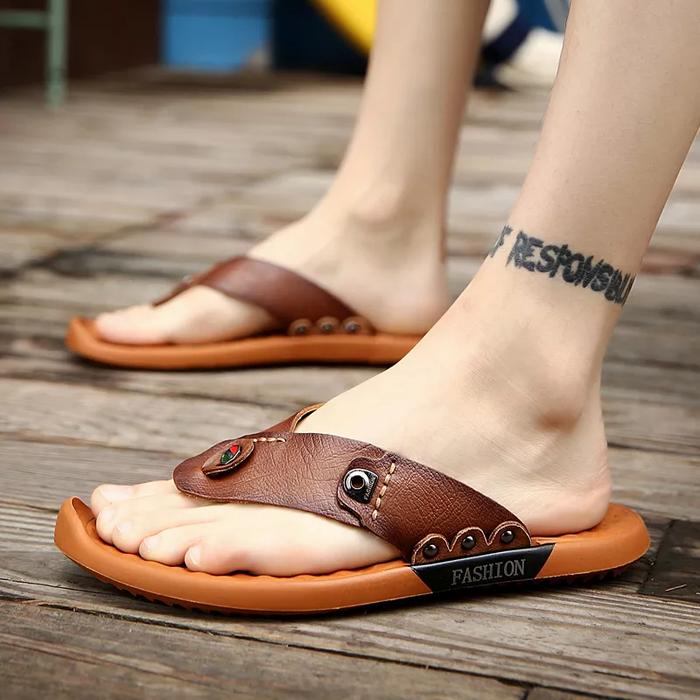 Gambar Sandal Pria Kulit Asli Sendal Jepit Kasual Import Anti Slip F12 - Coklat Tua, 38 dari Nordic Inc undefined Tokopedia