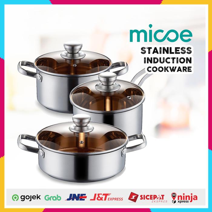 Gambar Cookware Pan Set Paket Panci Stainless Glass Lid Kompor Induksi Micoe - Gagang Stainles dari Home Electro undefined Tokopedia
