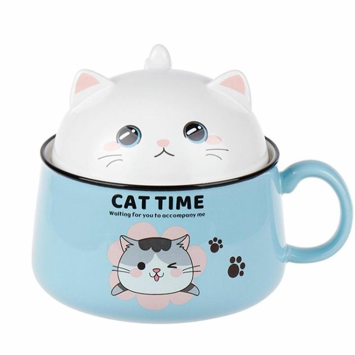 Gambar MANGKOK KERAMIK IMPOR MOTIF KUCING DENGAN MODEL PEGANGAN/LUCKYCAT BOWL - Biru Muda dari Idekado Gift&Give undefined Tokopedia