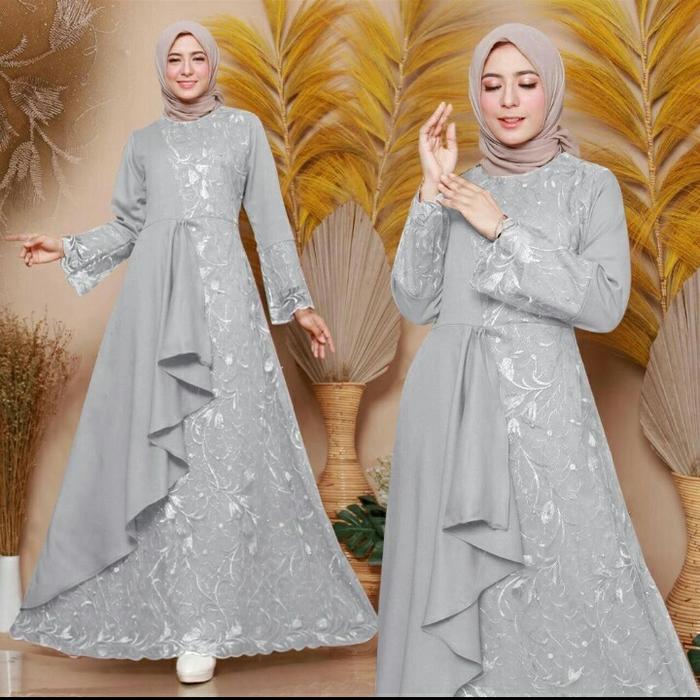 Jual Dress Muslim Brukat Gamis Brokat Kombinasi Tile Wanita Elegan
