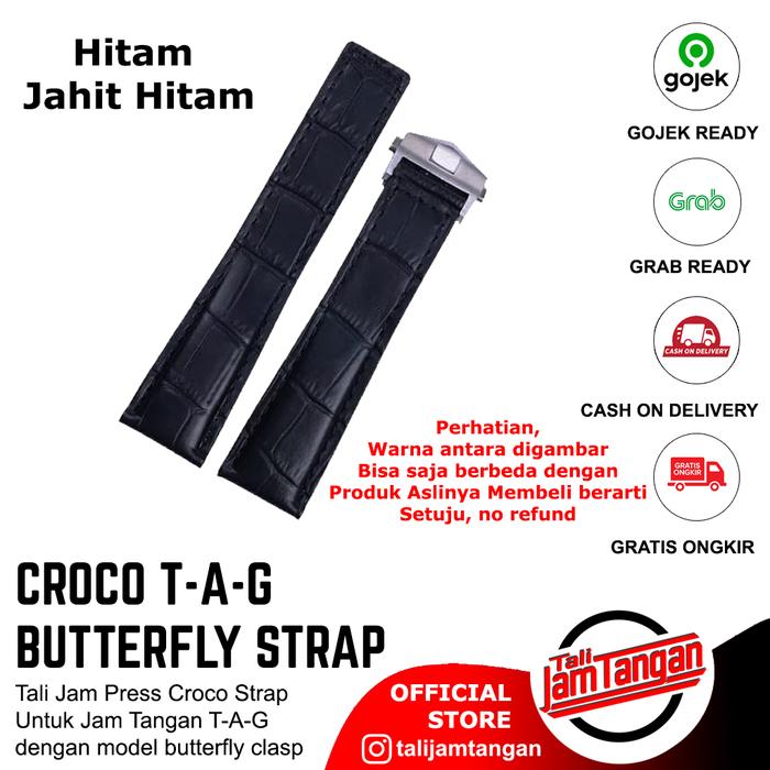 Gambar 20mm Tag croco leather strap tali jam kulit buckle butterfly - Hitam, 22mm dari Tali Jam Tangan com undefined Tokopedia