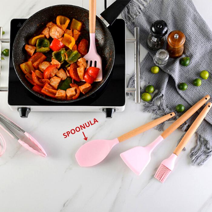 Gambar SUTIL SILIKON / SPATULA SILIKON TAHAN PANAS DENGAN GAGANG KAYU PER PCS - Spoonula, Mint dari Premio Outlet undefined Tokopedia