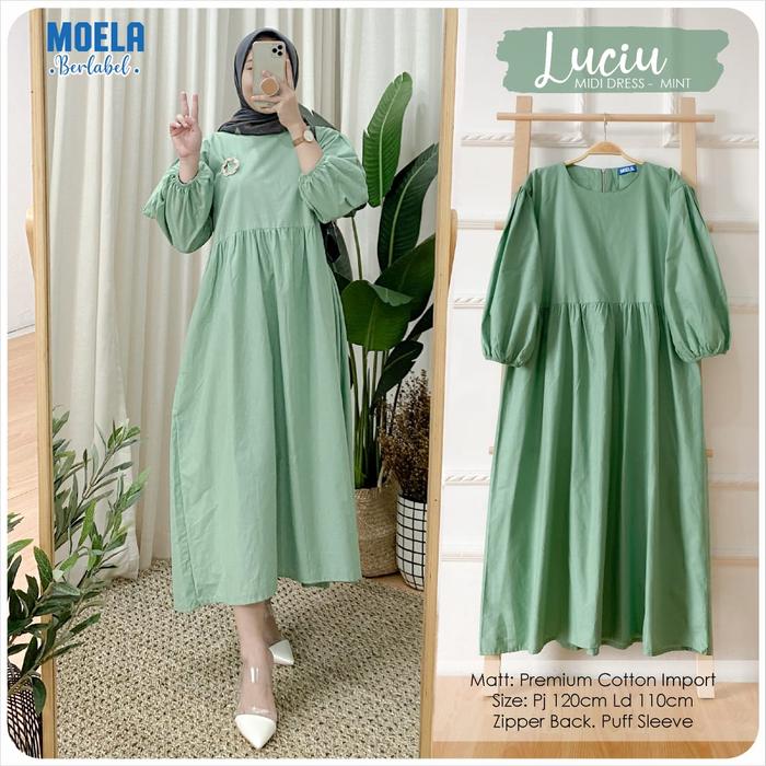 Gambar Luciu Midi Dress Muslim 4 Warna Pastel Cantik LD110 Bahan Catton ISH - MINT dari Tasara Fashion Store undefined Tokopedia