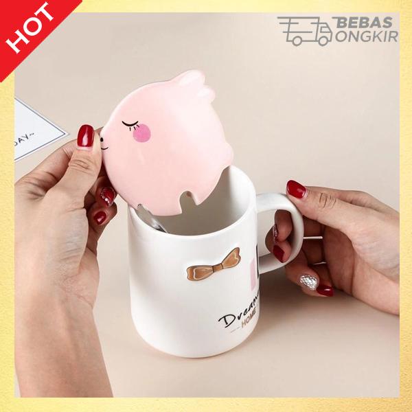 Gambar Gelas Mug Keramik Bowknot Dgn Penutup Kelinci Rabbit Lucu Dan Sendok - White Dreamer dari kath.store undefined Tokopedia