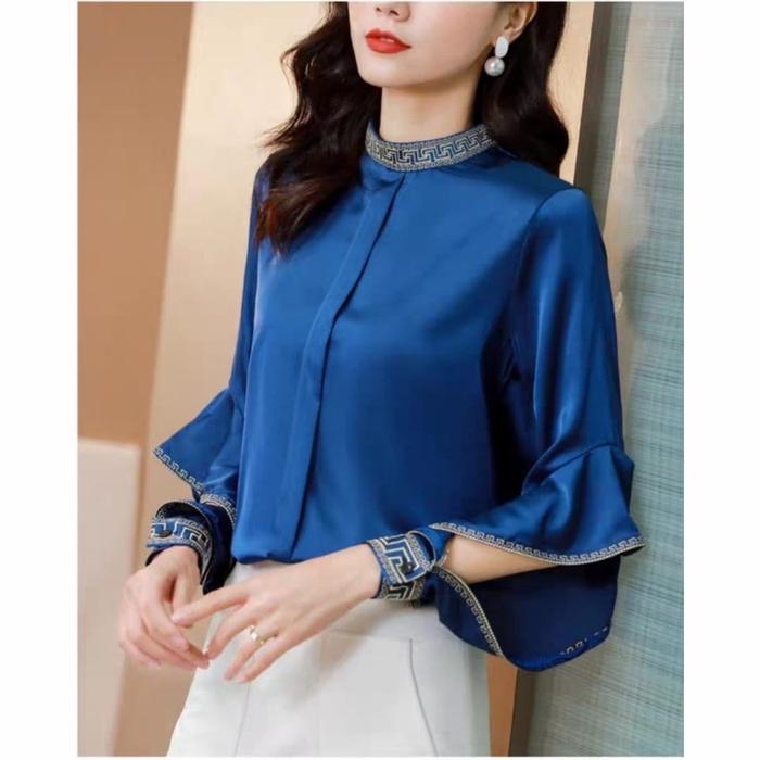 Gambar Atasan Briana Bell Import Blouse Wanita Terbaru Gaya Korea Baju Kantor - Biru dari Dewi Id undefined Tokopedia
