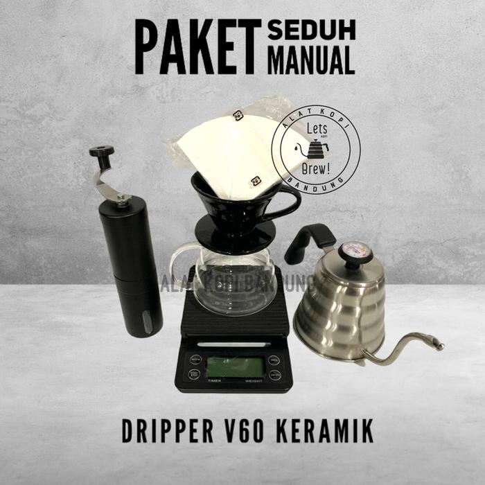 Gambar Paket Seduh Kopi Manual Brew dengan Teko 700ml Thermometer - V60 Keramik dari Alat Kopi Bandung undefined Tokopedia