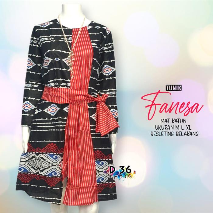 Gambar Tunik Songket Fanesa Batik Etnik Kombinasi Salur Dress Formal Tali - Hitam, M dari Pusat Batik undefined Tokopedia