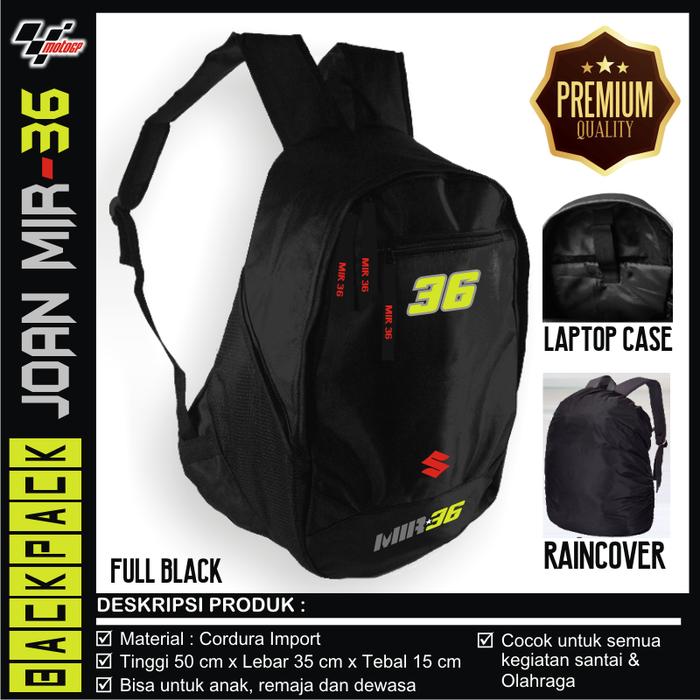 Gambar TAS RANSEL BACKPACK PUNGGUNG SUZUKI MOTOGP JOAN MIR + RAINCOVER - FULL HITAM dari SOBRECO undefined Tokopedia
