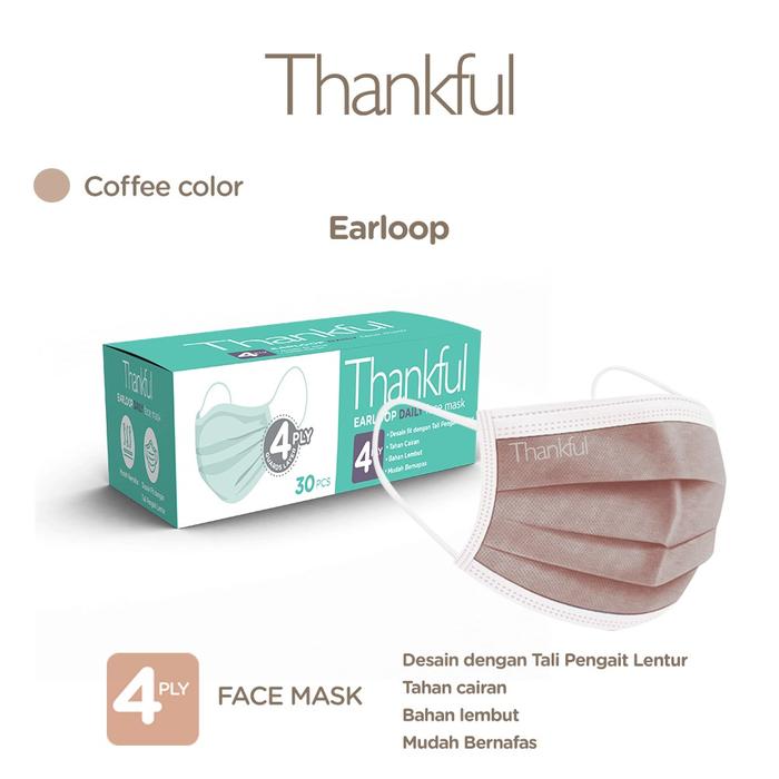 Gambar THANKFUL 4 - Lapis Earloop Daily Face Mask Adult - Box isi 30 pcs - Cokelat, All Size dari Thankful Official Store Kota Bekasi Tokopedia