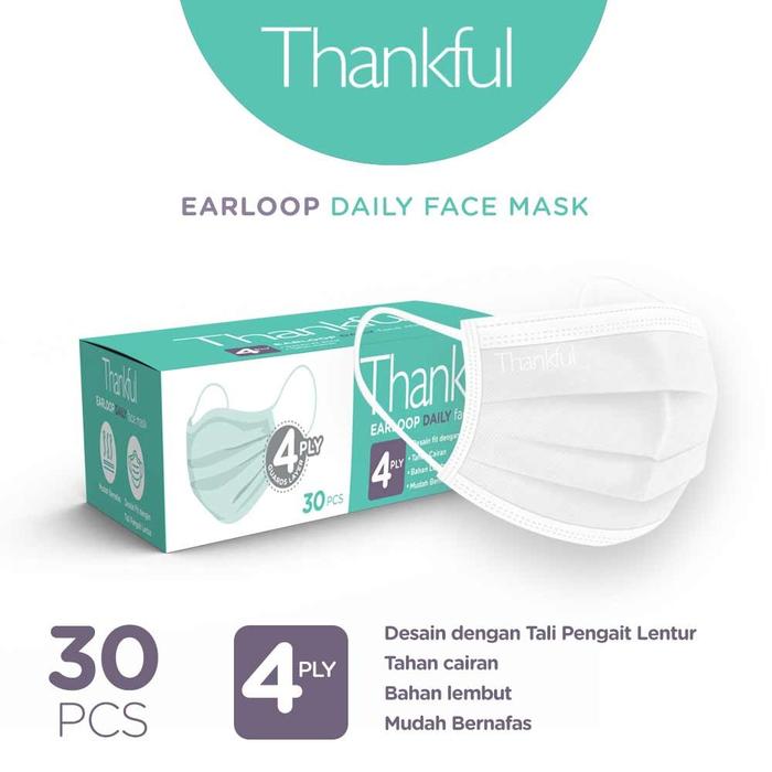 Gambar THANKFUL 4 - Lapis Earloop Daily Face Mask Adult - Box isi 30 pcs - Putih, All Size dari Thankful Official Store undefined Tokopedia