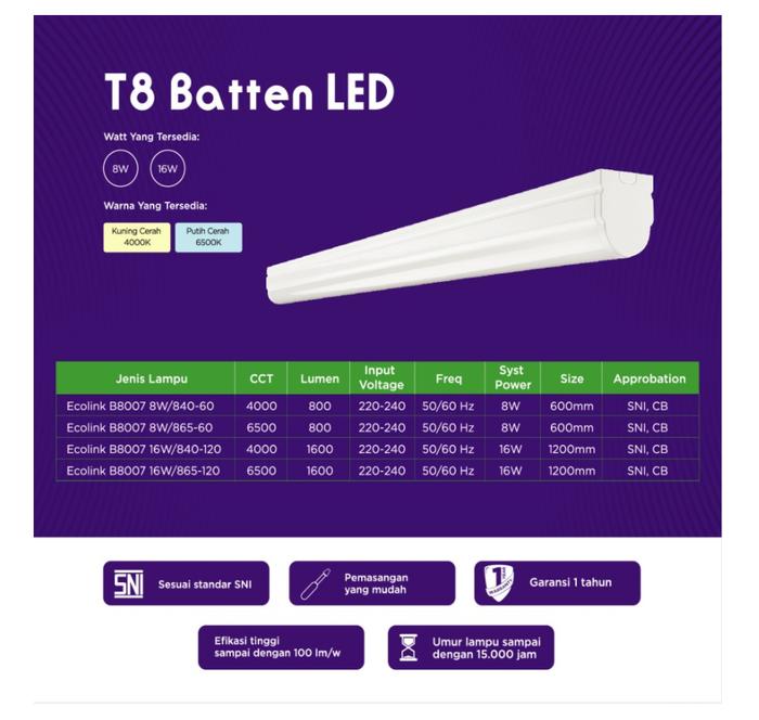 Gambar Batten Lampu LED T8 Ecolink 8 watt 8 w + Kap Lampu komplit B8007/8W - Putih dari Dunia Kabel undefined Tokopedia